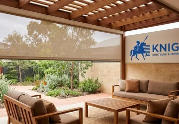 Track-guided outdoor blind fitted to an Adelaide alfresco