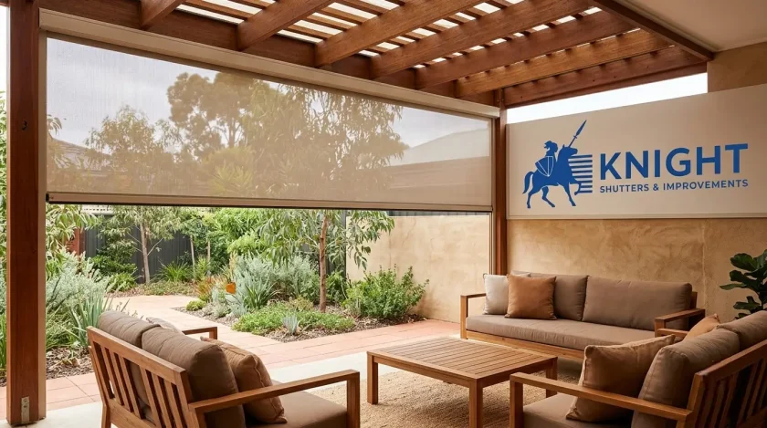 Track-guided outdoor blind fitted to an Adelaide alfresco