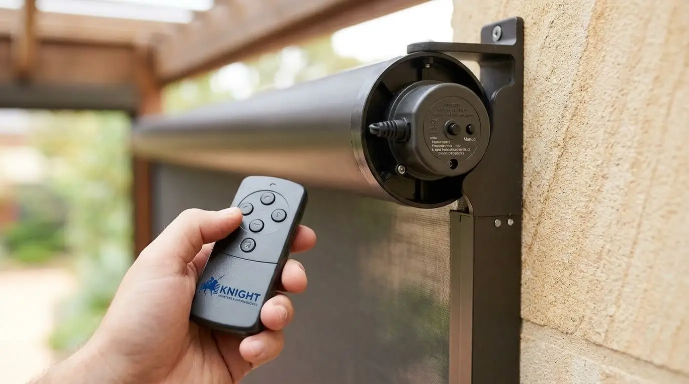 Motorised outdoor blind remote control next to the mounted roller mechanism
