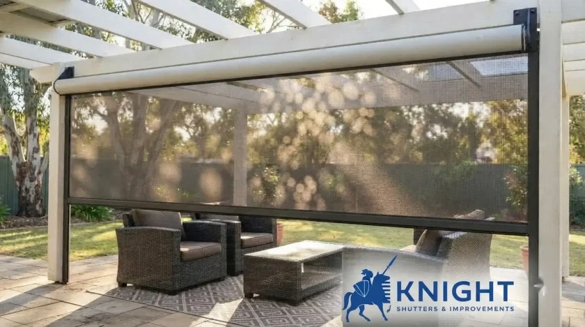 Outside shade blind creating dappled shade over an Adelaide veranda