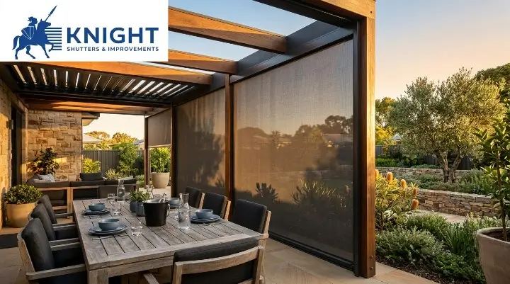 Tracked outdoor blinds closed against afternoon sun on an Adelaide alfresco pergola