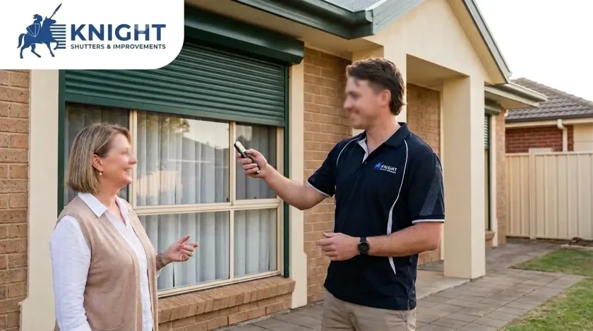 Installer demonstrating an electric roller shutter remote to a homeowner in Adelaide — Knight Shutters