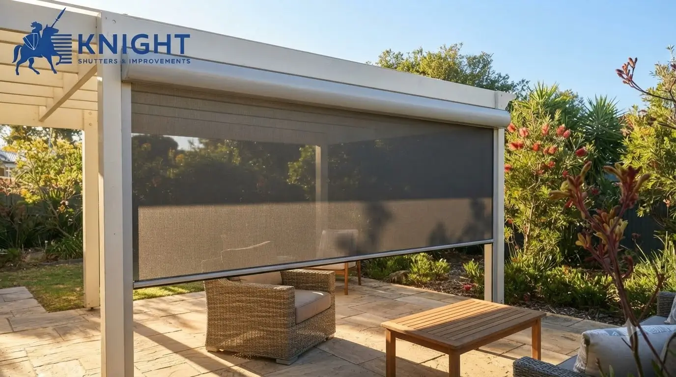 Outside shade blind lowered over an Adelaide patio on a sunny afternoon