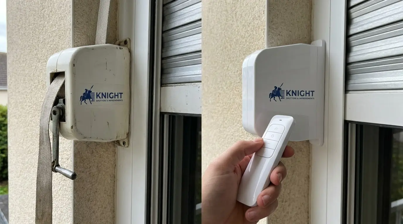 Manual roller shutter strap next to an electric roller shutter remote — Knight Shutters Adelaide guide