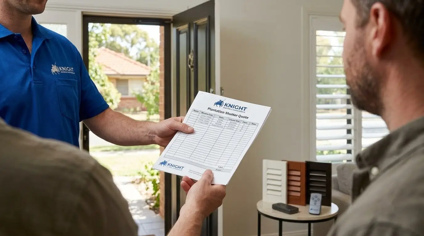 Written plantation shutters quote being handed to an Adelaide customer