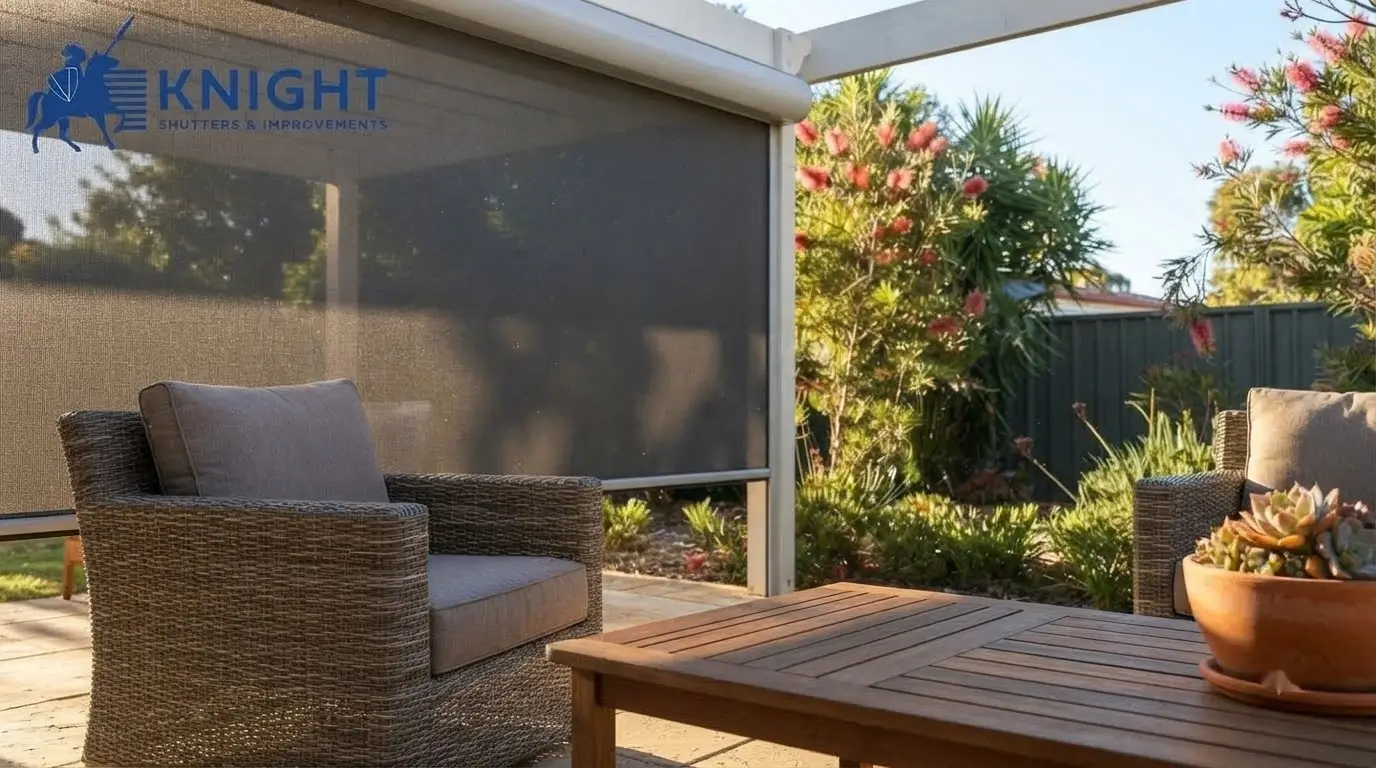 Close-up of outdoor furniture protected under a shaded patio area