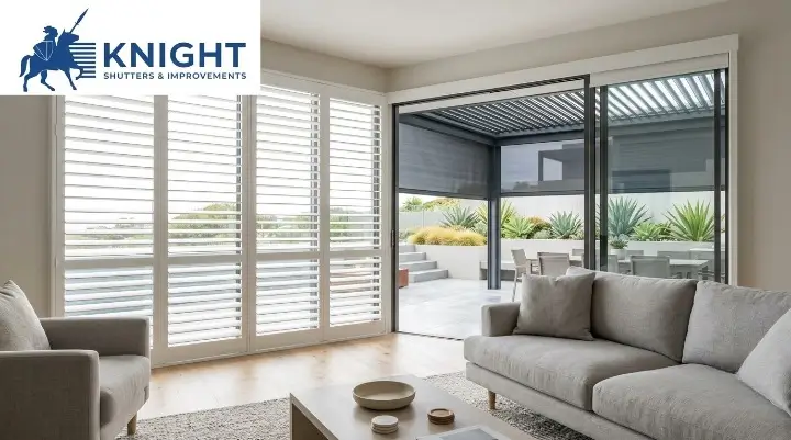 Café-style PVC outdoor blinds closed on an Adelaide patio with the garden view kept open