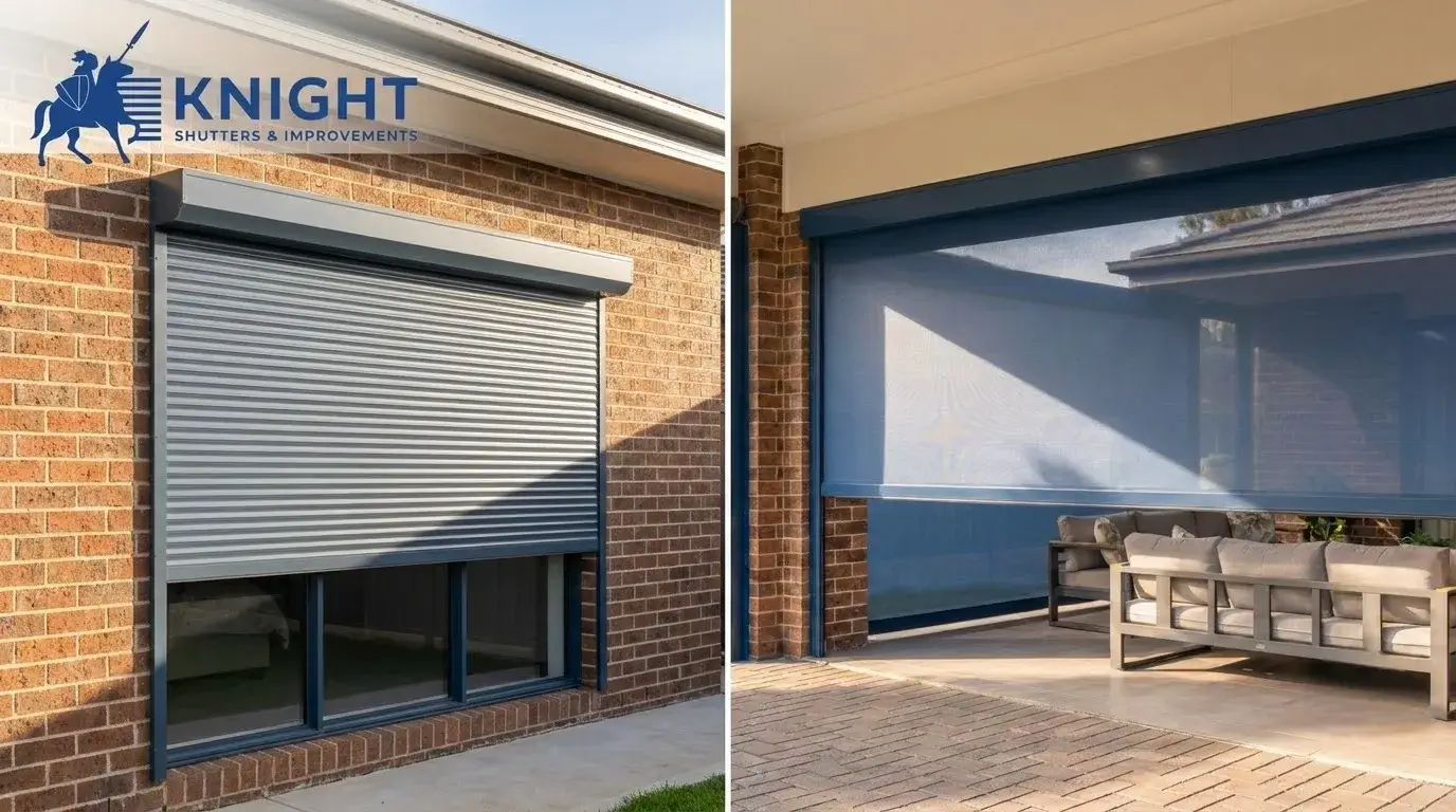 External roller shutter next to an outdoor roller blind