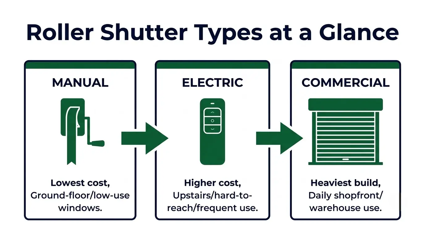 Infographic comparing manual, electric and commercial roller shutter types by cost and best use