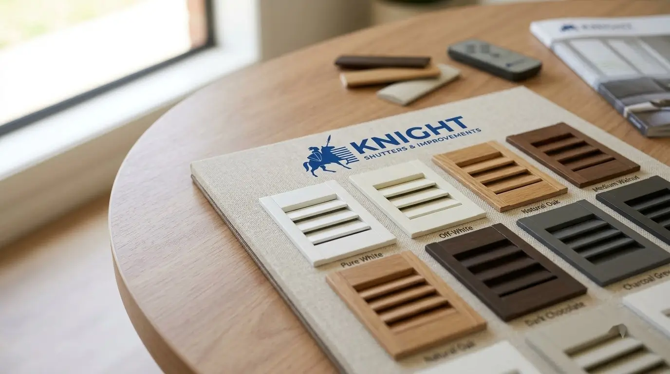 Plantation shutter material sample board showing finish and colour options