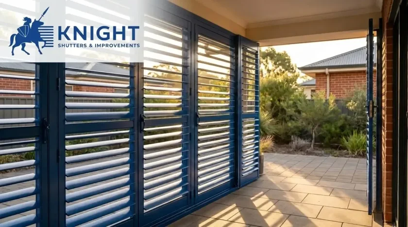 Outdoor plantation shutters fitted to an Adelaide alfresco — Knight Shutters & Improvement