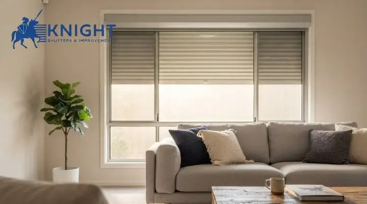 Cream roller shutters on the front windows of a brick home in Gawler