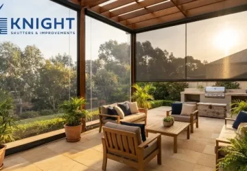 Patio in Adelaide with mesh and clear PVC external blinds on different sides