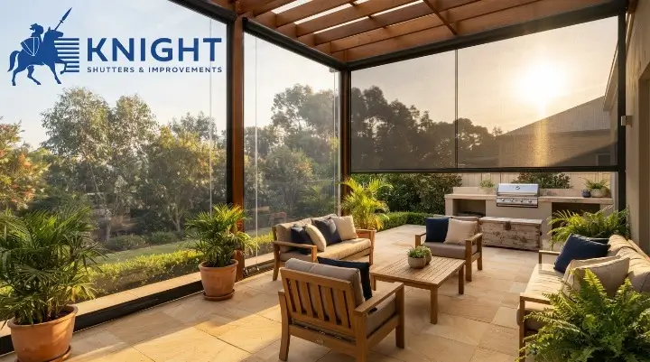 Patio in Adelaide with mesh and clear PVC external blinds on different sides