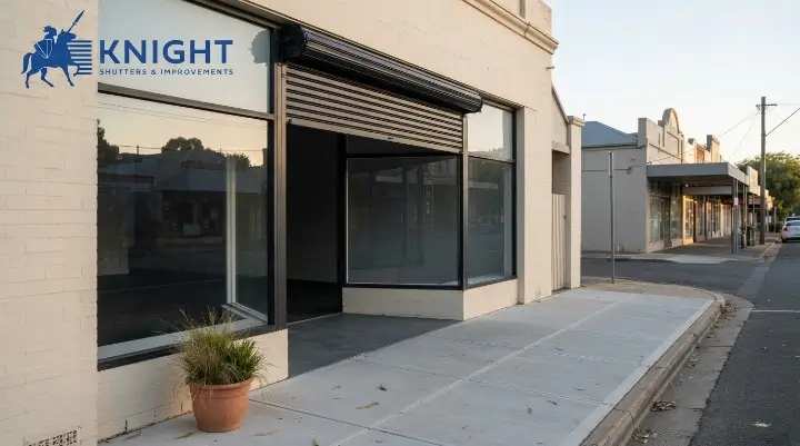 Commercial roller shutter half raised on an Adelaide shopfront