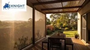 Pergola in Adelaide with outside shade blinds lowered on the sunny side