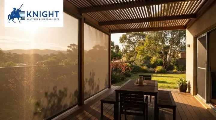 Pergola in Adelaide with outside shade blinds lowered on the sunny side