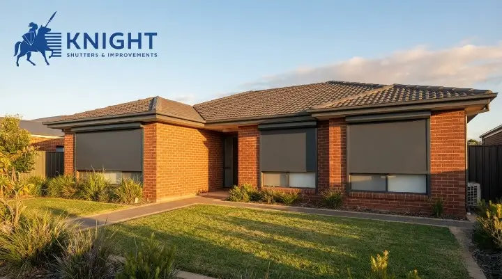 Charcoal roller shutters fitted to the windows of a brick home in Adelaide