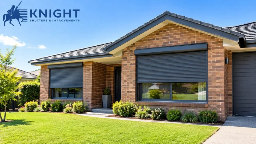 Dark grey roller shutters half lowered on a brick home in Adelaide on a sunny summer morning