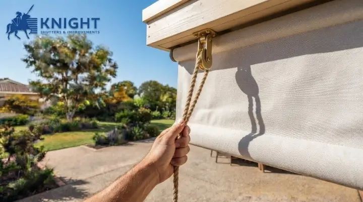 Rope and pulley manual outdoor blind being lowered by hand
