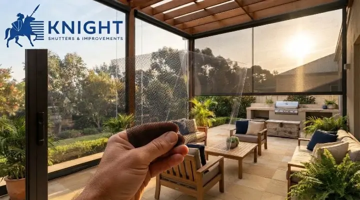Holding mesh and clear PVC blind samples up against a patio