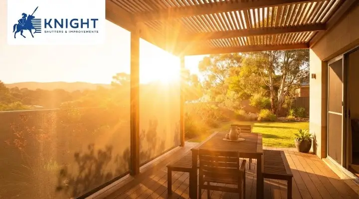 Harsh afternoon sun across a table under an unshaded pergola