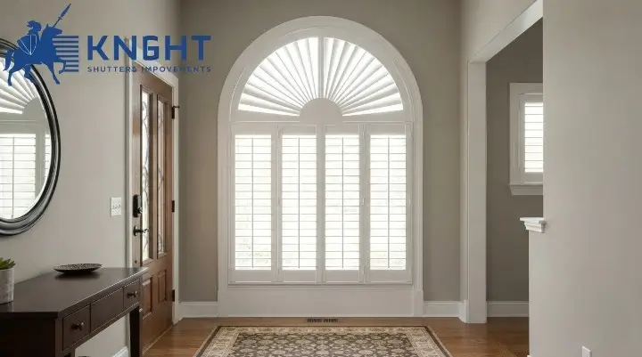 Arched window fitted with curved plantation shutters
