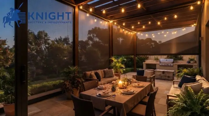 Café-style outdoor blinds on an entertaining area at dusk
