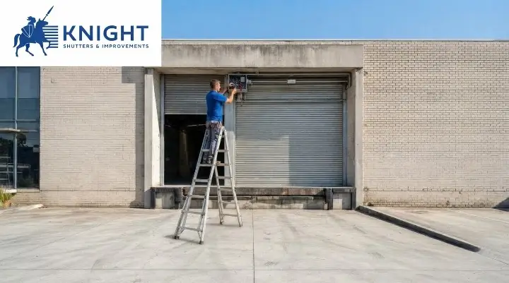 Technician checking the motor above a commercial roller shutter