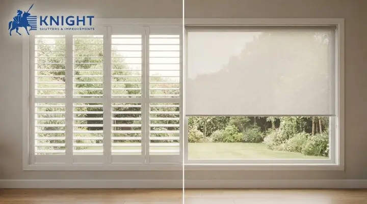 Plantation shutters and a roller blind compared side by side in one room