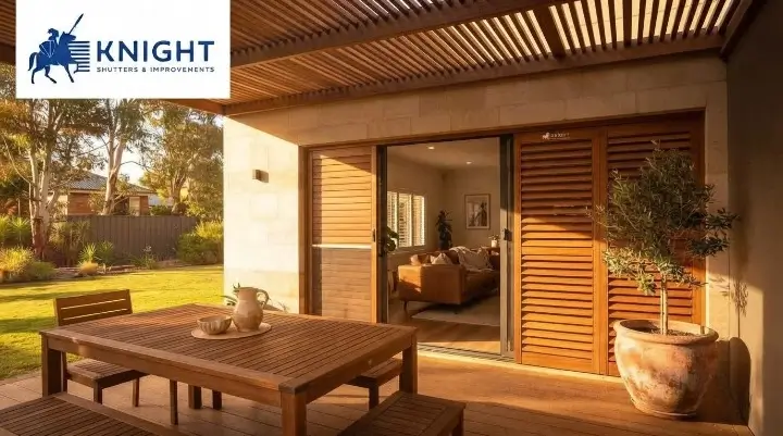 Pergola with shade blinds lowered giving comfortable shade over the table
