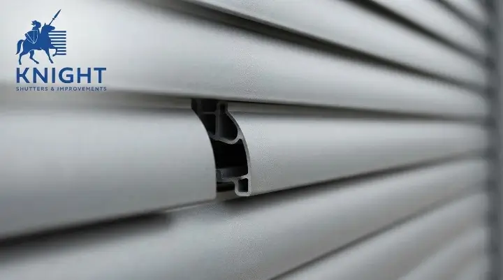 Close-up of grey aluminium roller shutter slats