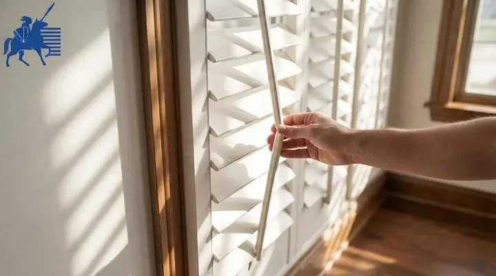 Tilting plantation shutter louvres to control light and privacy