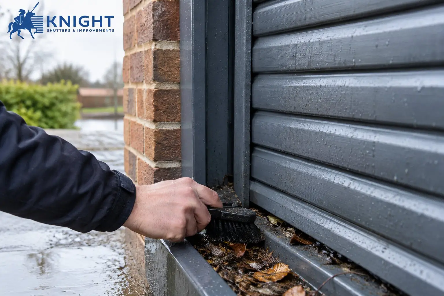 Clearing leaves and grit from a roller shutter track after winter rain
